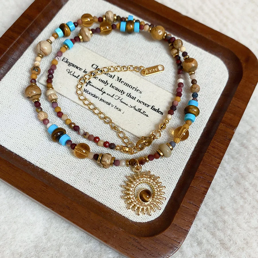 Vintage Sunflower Beaded Necklace with 18K Gold Plating