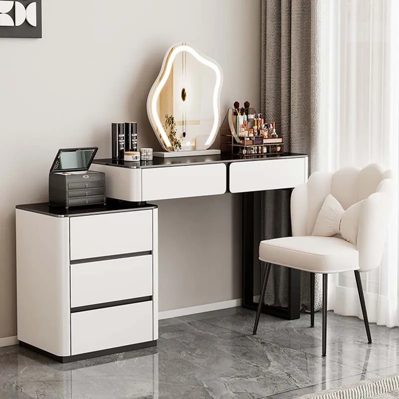 

Aesthetic Blaxk Glass Dressing Table Storage Stool Mirror Dressers White Modern Vanitys Para Maquillaje Furniture For Bedroom