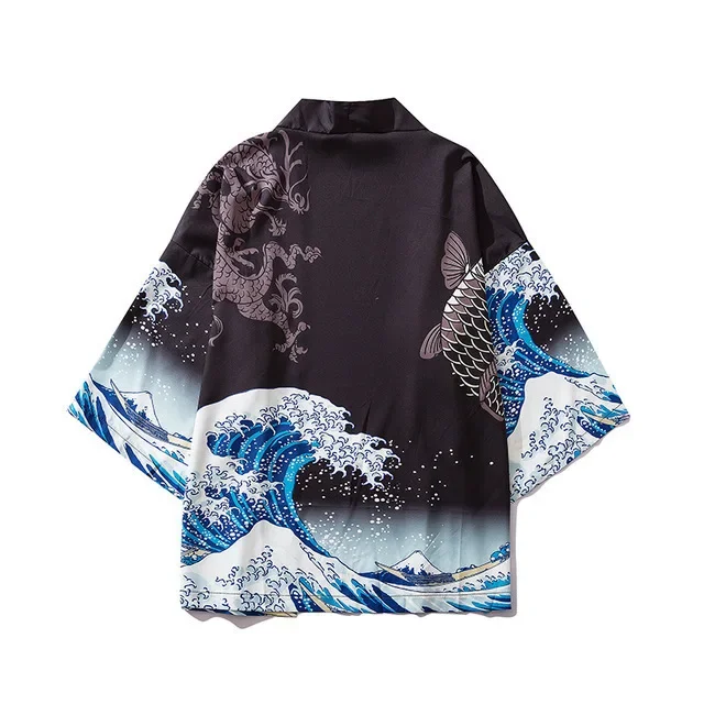 Fashion Hannya Demon Mask Red Wave Print Haori Kimono Cardigan Summer Casual Oversize Half Sleeve Open Coat Tops