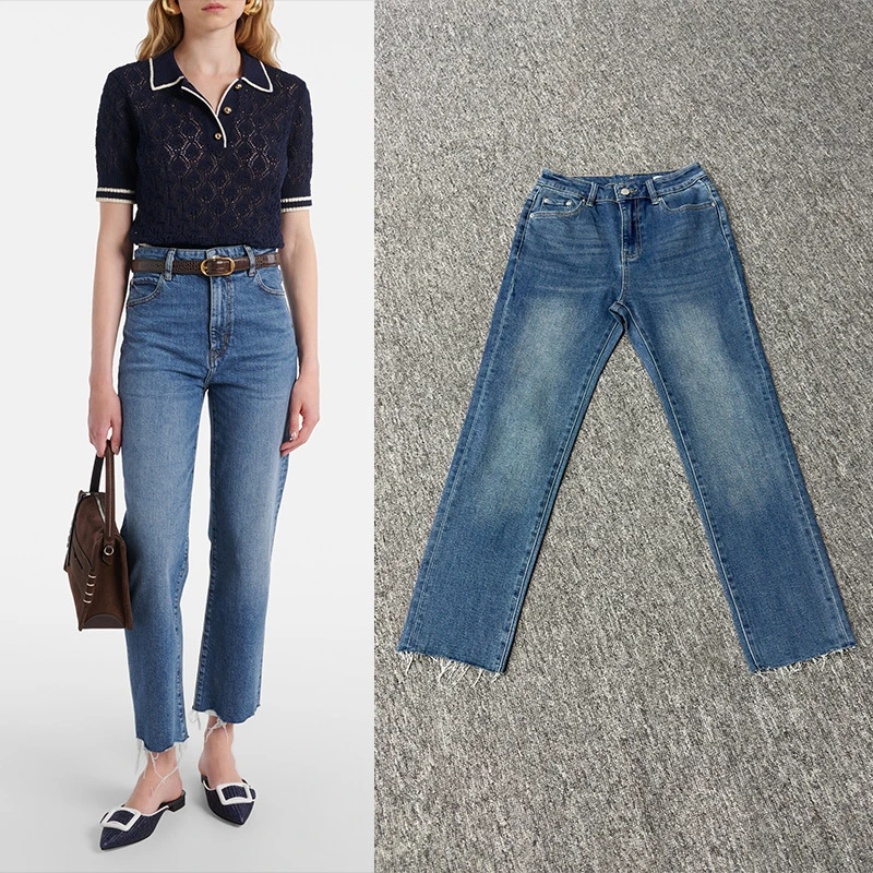 

Maxdutti Minimalist Retro Blue Jeans For Woman High Waisted Loose Fit Slimming Pencil Jeans Frayed Edges Cropped Denim Pants