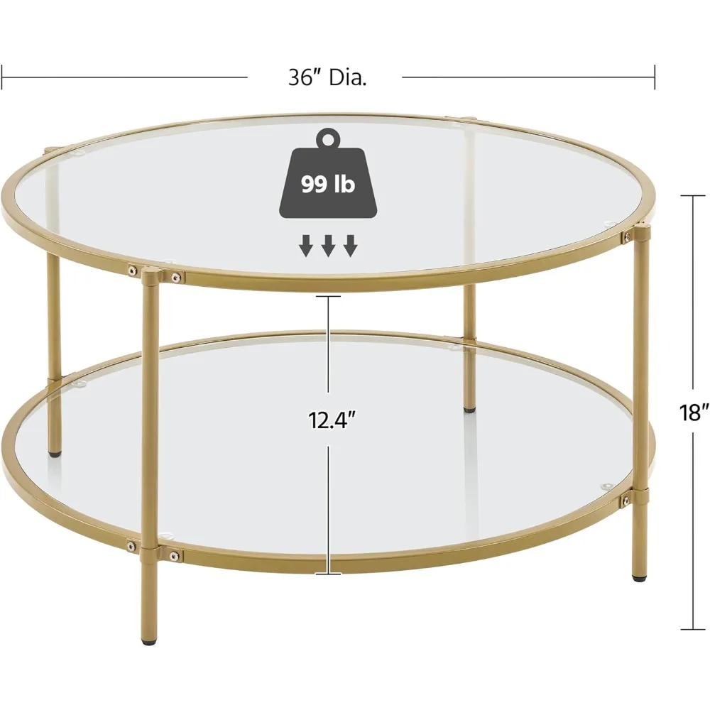 Round Coffee Table, Glass Coffee Table with Storage Shelf,2 Tier Gold Coffee Table for Living Room,Modern Circle Center Table