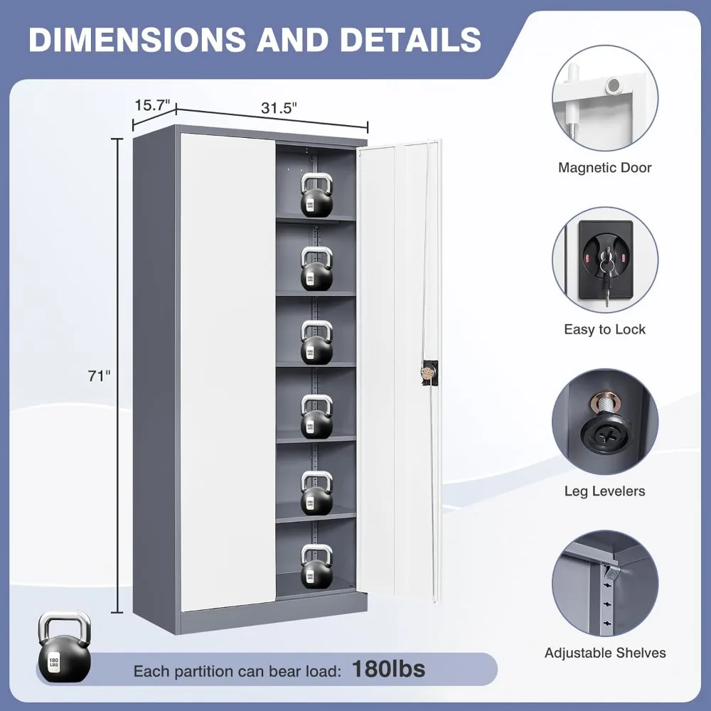 Шкаф для документов с регулируемыми полками, 2-дверный металлический шкаф для хранения инструментов для гаражных систем, высокие решения для хранения