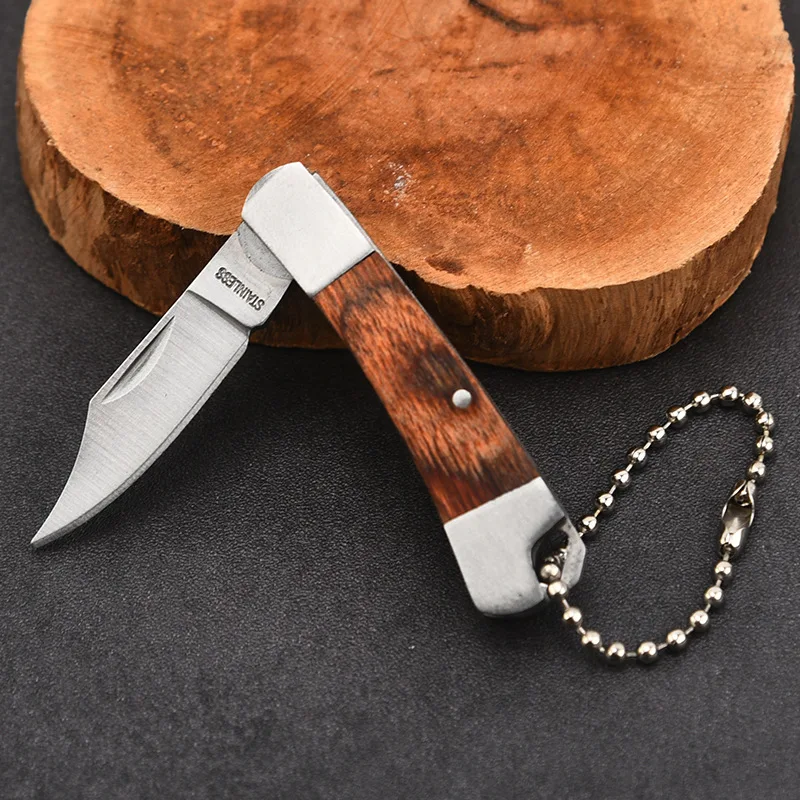 Wooden Handle Folding Knife Sharp Outdoor Self-defense Knife Gift Camping Tool Unpacking Pocket Fruit Knife Key Chain Pendant