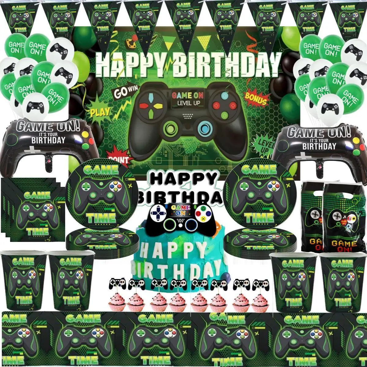 Green Video Game Birthday Party Decor Plate Gift Bag Tablecloth Gamepad Balloon Dackdrop Boy Game Controller them Party Supplies