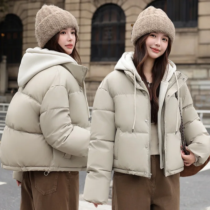 Women Spliced Oversize Parkas Coat Hooded Jacket Solid Drawstring Hem Zipper Straight Fit Thick Office Lady Casual Winter 2025