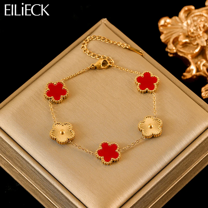 EILIECK 316L Stainless Steel Red Five-Leaf Clover Flower Bracelet Trendy Wrist Chain Bangles Jewelry For Women Holiday Gifts