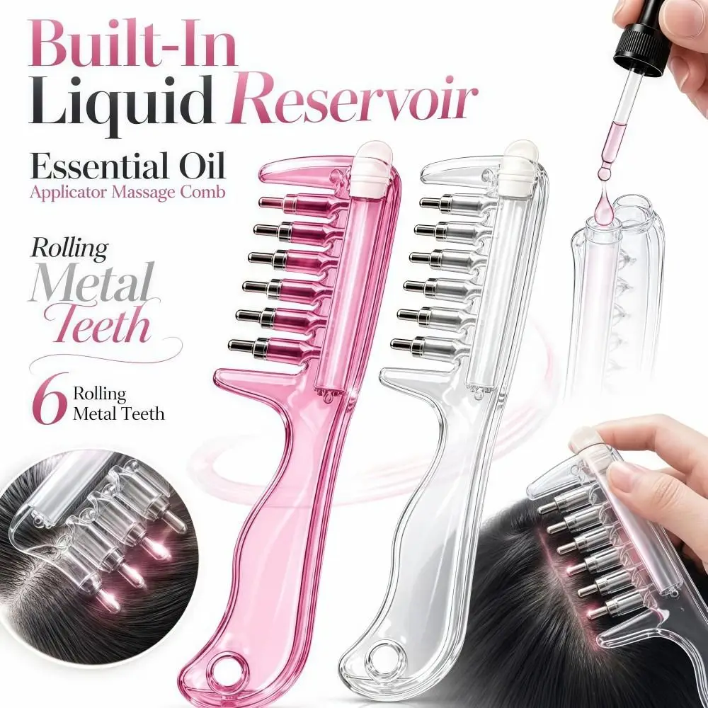 Transparent Essential Oil Applicator Massage Comb Rolling Metal Teeth Liquid Guiding Scalp Massager Comb