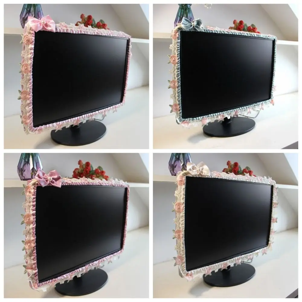 Bow Tie Computer Monitor Cover Lace Design Soft Fabric Monitor Dust Cover Elastic 17-30INCH Computer Frame Protector Home Decor