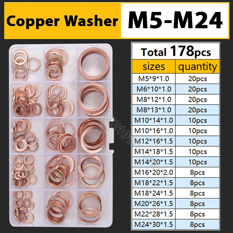 178Pcs/set Copper Washers Sealing Gasket Flat Ring Seal Plain Spacers Assortment Kit M5 M6 M8 M10 M12 M14 M16-M24 For Sump Plugs