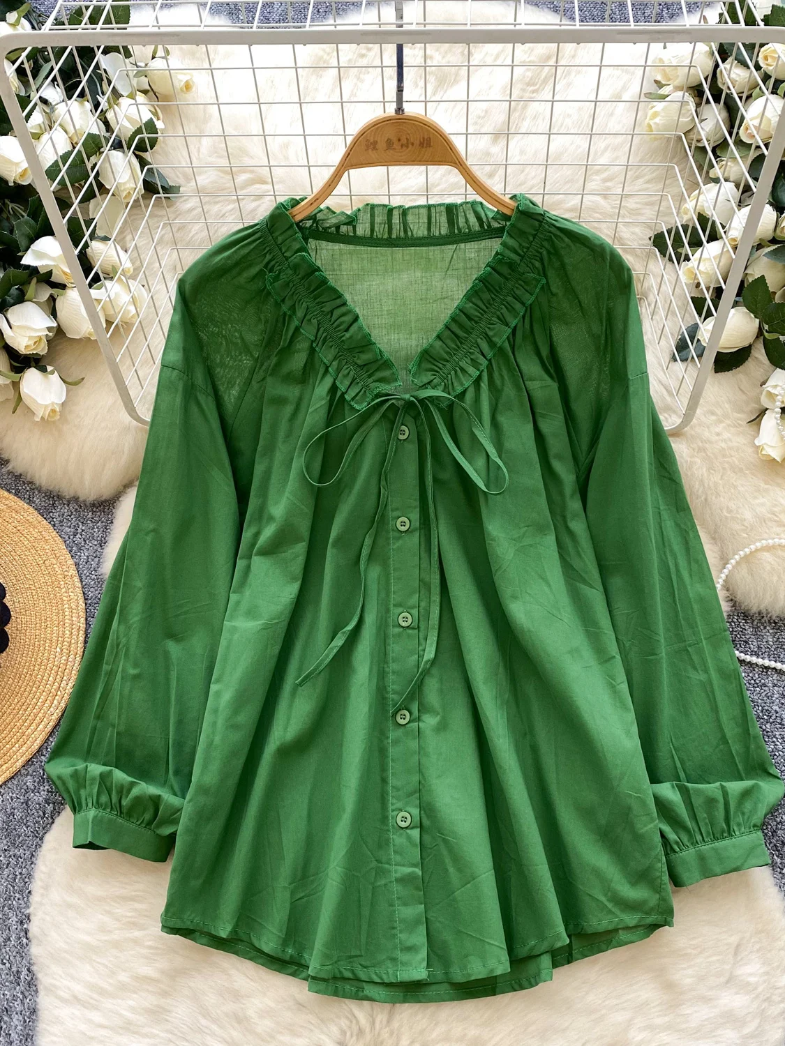 

Корейская свободная женская блузка с длинным рукавом и V-образным вырезом, повседневная, удобная, дышащая, из полиэфирного волокна, для весенне-осеннего сезона