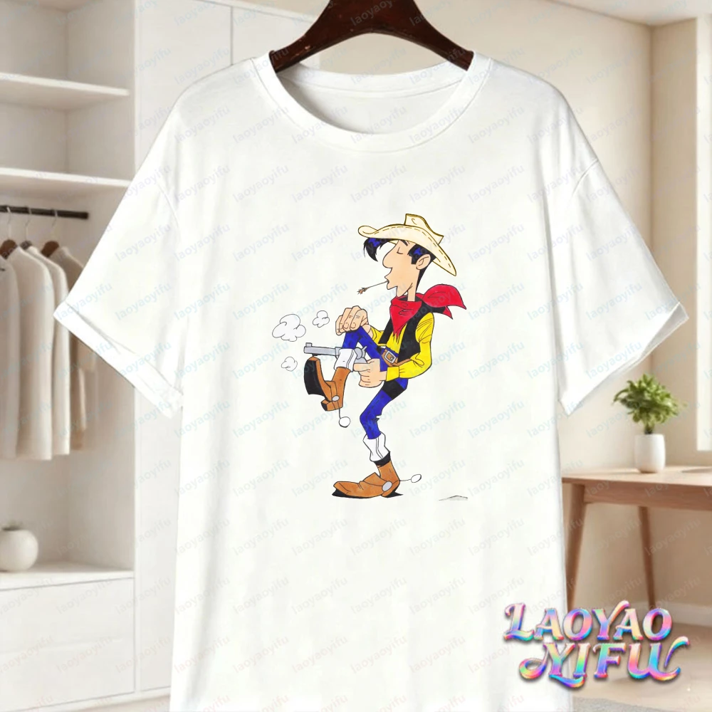 Classic Lucky Luke Daltons Print Casual Tops Edgy Western Animation Cotton T-Shirt Cowboy Vintage Classic Women Men's Clothing view 3