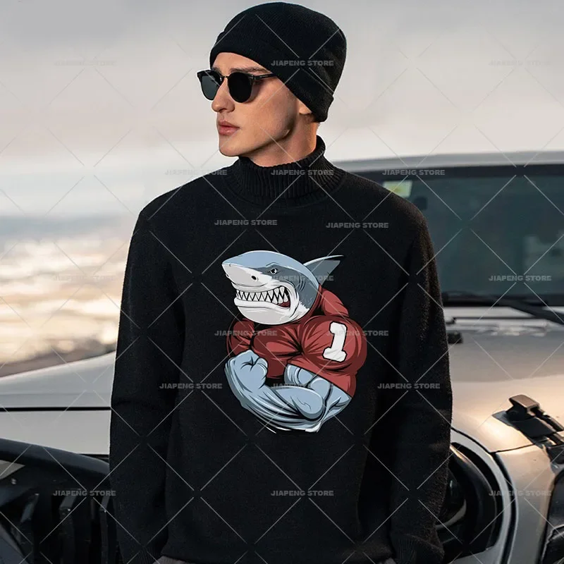 Muscle Shark Patches Iron On Heat Transfers For Clothes Fitness Talent Thermal Transfer Applique Stickers On Man T-shirt DIY