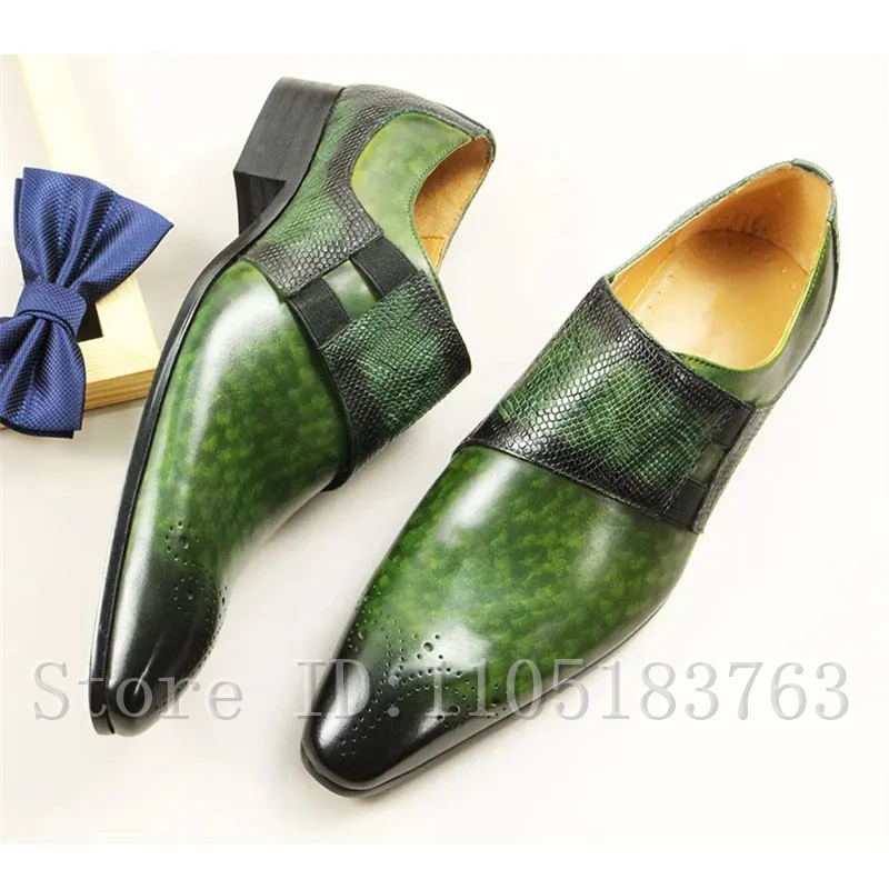 

Luxury Green Leather Men's Loafers, Snake Print Pointed Toe Slip-On Dress Shoes, Formal Business Shoes for Wedding Party