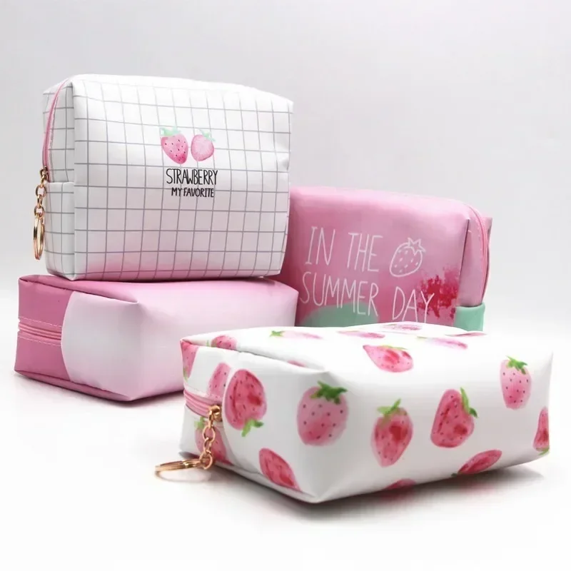 Portable Toiletry Bag Travel Storage Bag Makeup Pouch PU Waterproof Cosmetic Bag Creative Pink Strawberry Series Large Capacity