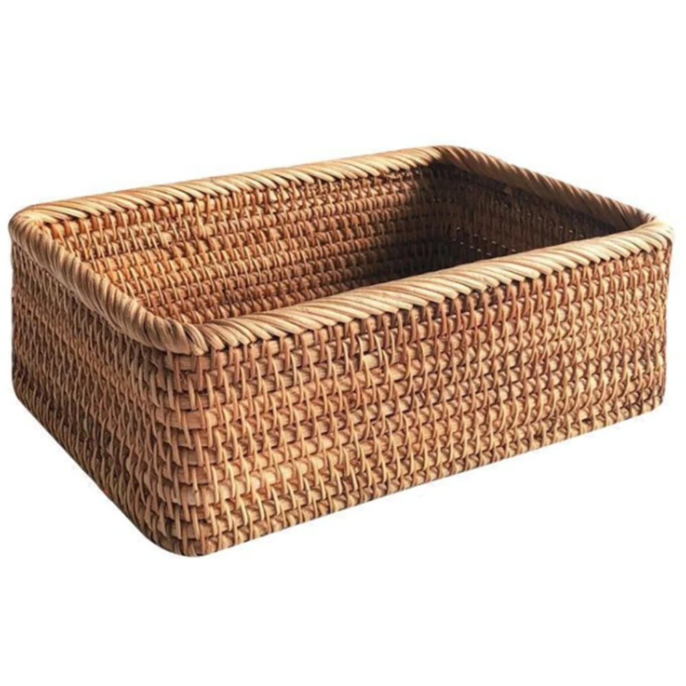 

Hand-Woven Rectangular Rattan Wicker Basket Fruit Tea Snack Bread Picnic Cosmetic Storage Box Kitchen Household Tools-L