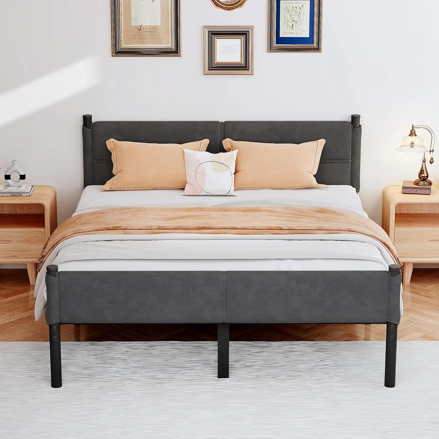 

Queen Metal Bed Frame with Storage, Heavy Duty, Easy Assembly, No Box Spring Needed, Grey