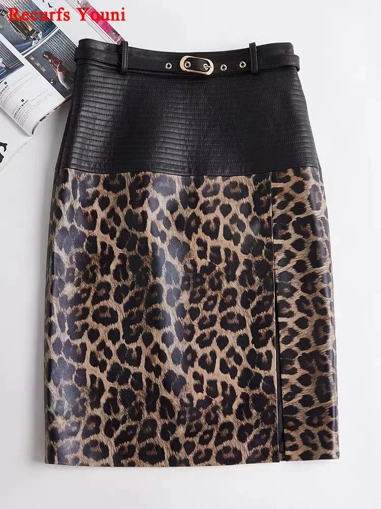 

New 2024 Spring Women Genuine Leather Skirt Feminino Slim Leopard Pattern Split Wrapped Jupe Mujer Mid Length Striped Belt Saia