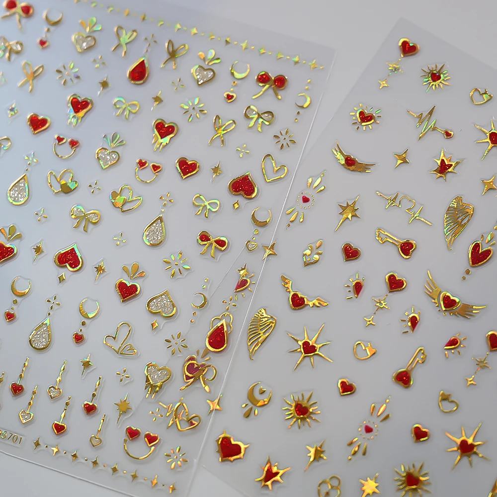 6 pezzi adesivi per unghie a forma di cuore Y2K cuori in lamina d'oro laser rosso con decalcomanie per unghie con glitter fini tema d'amore forniture per unghie romantiche *