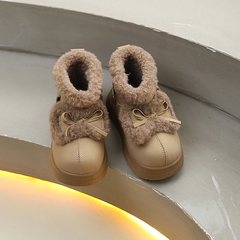 

Children's Ankle Boots Winter Sweet Bowknot Girls Fashion Furry Plush Boots Thick Soled Soft Hairy Kids Cotton Boots Side Zipper