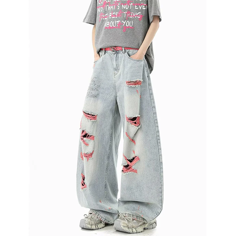 

American Color Block Hole Denim Jeans Men Summer Handsome High Sense Street Straight Leg Wide Leg Pants Resistant to Deformation