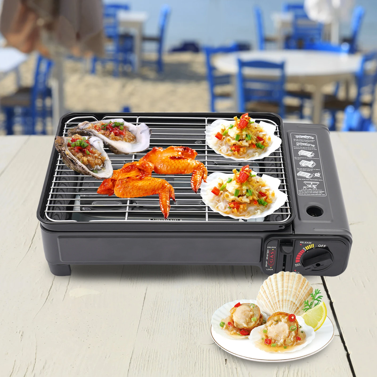 

Portable Butane Gas Grill Stove for Outdoor BBQ, Adjustable Flame, Windproof, Non-Slip Feet, Includes Grilling Net and Roasting