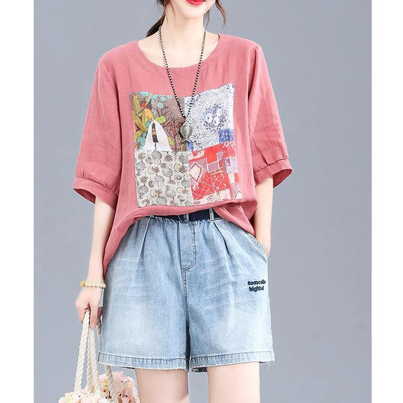 Women Vintage Print Bow Oversized Cotton Linen Blouse Summer Simple Casual Short Sleeve Shirt All Match Comfortable Tops Blusas