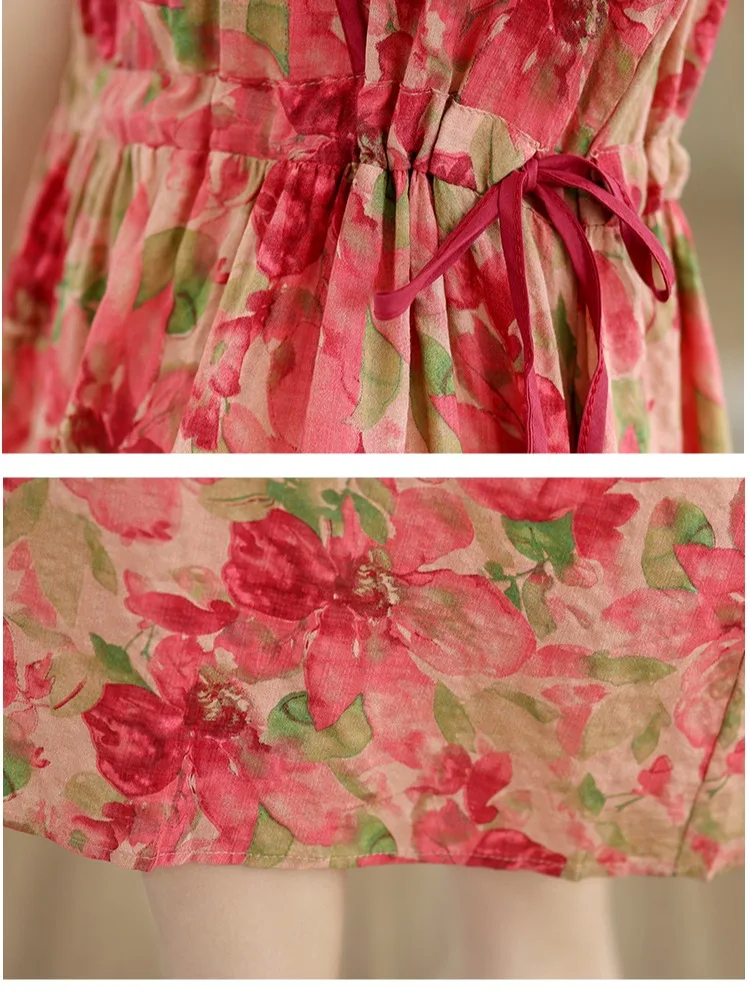 Sommer Baumwolle Leinen ort Sve Dr Damen Künstlerischer Retro-Druck Kleine Größe Taille Cinching Dstring Schlankheits-Midirock