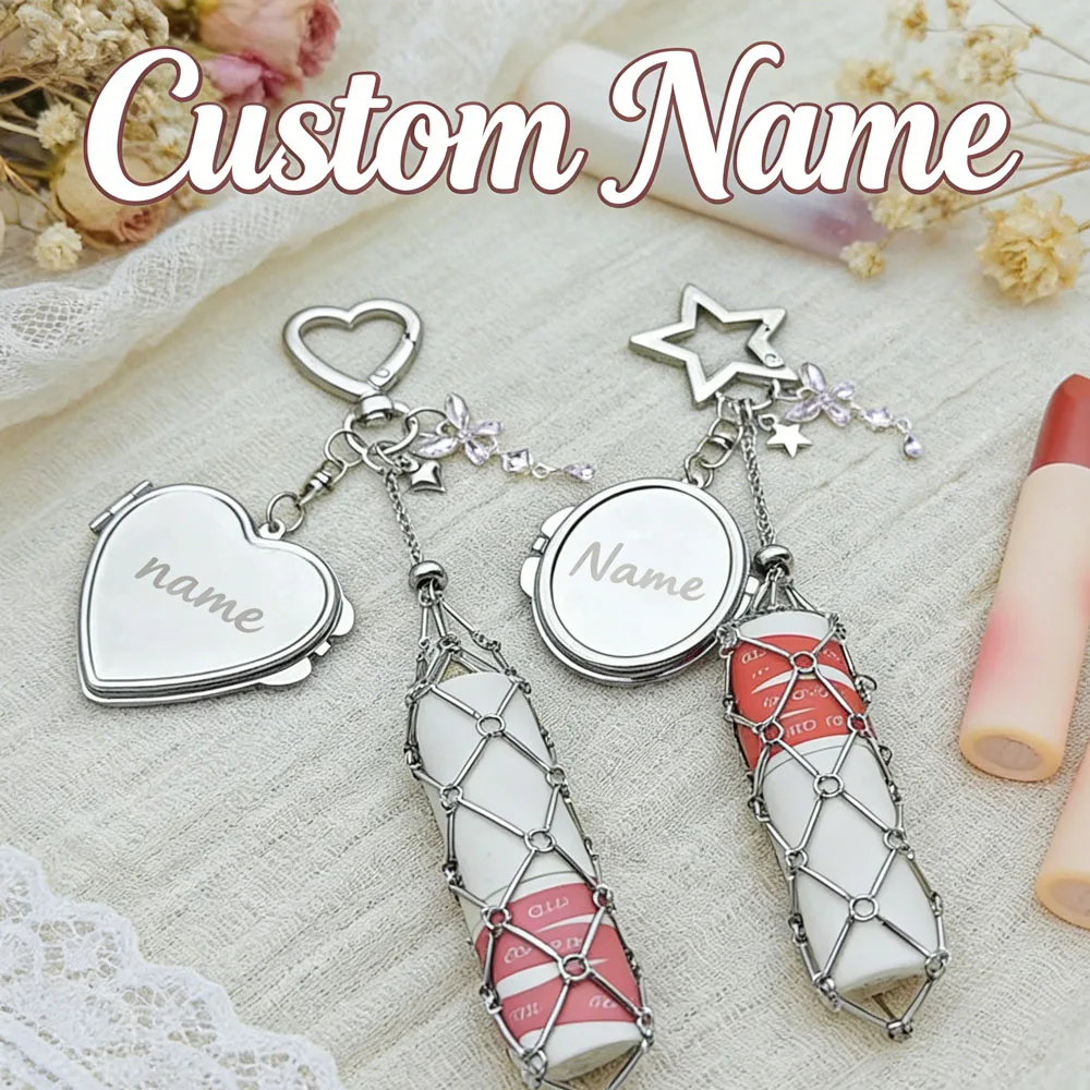 Custom Lipstick Bag Pink Butterfly Accessories Keyring Makeup Mirror Key Chain Ring Y2K Lip Balm Metal Net Pocket Keychain Gift