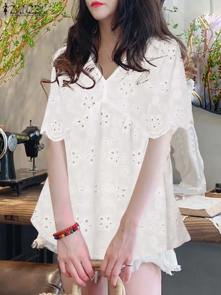 ZANZEA Elegant Women V Neck Lace Crochet Blouse Summer Tops Stylish Half Sleeve Holiday Blusas Tunic Femme Bohemain Party Shirt