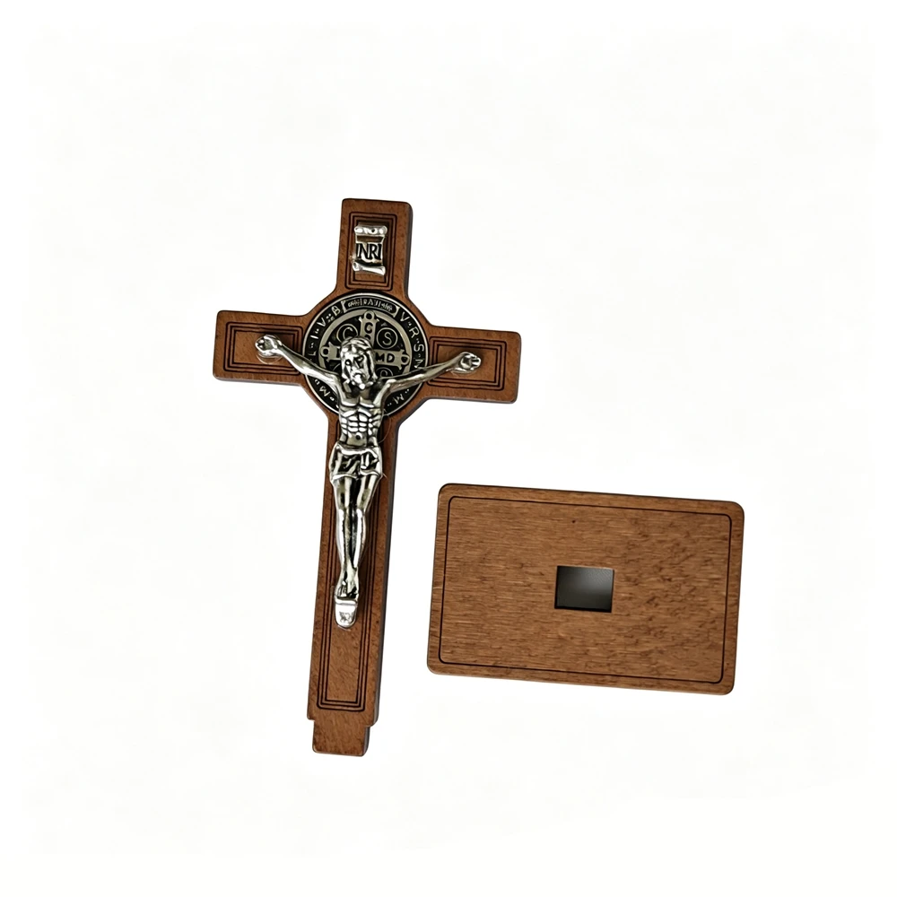 St Benedict Standing Crucifix Wooden Cross With Base Jesus Christ Statue Catholic Religious Ornament Church Home Decor Christian view 4