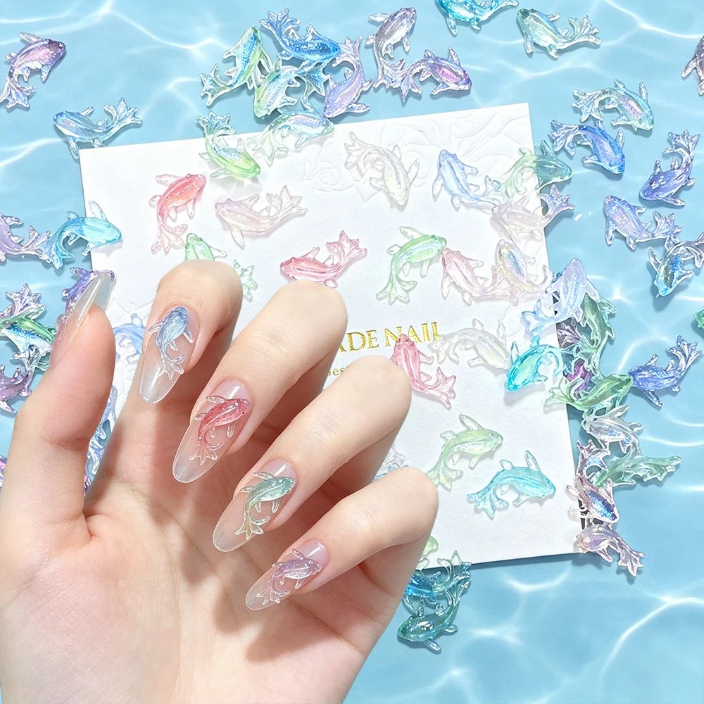 50pcs Aurora Iridescent Resin Fish Nail Charms 3D Shiny Transparent Koi Fish Nail Art Accessories Goldfish Rhinestone Nail Decor