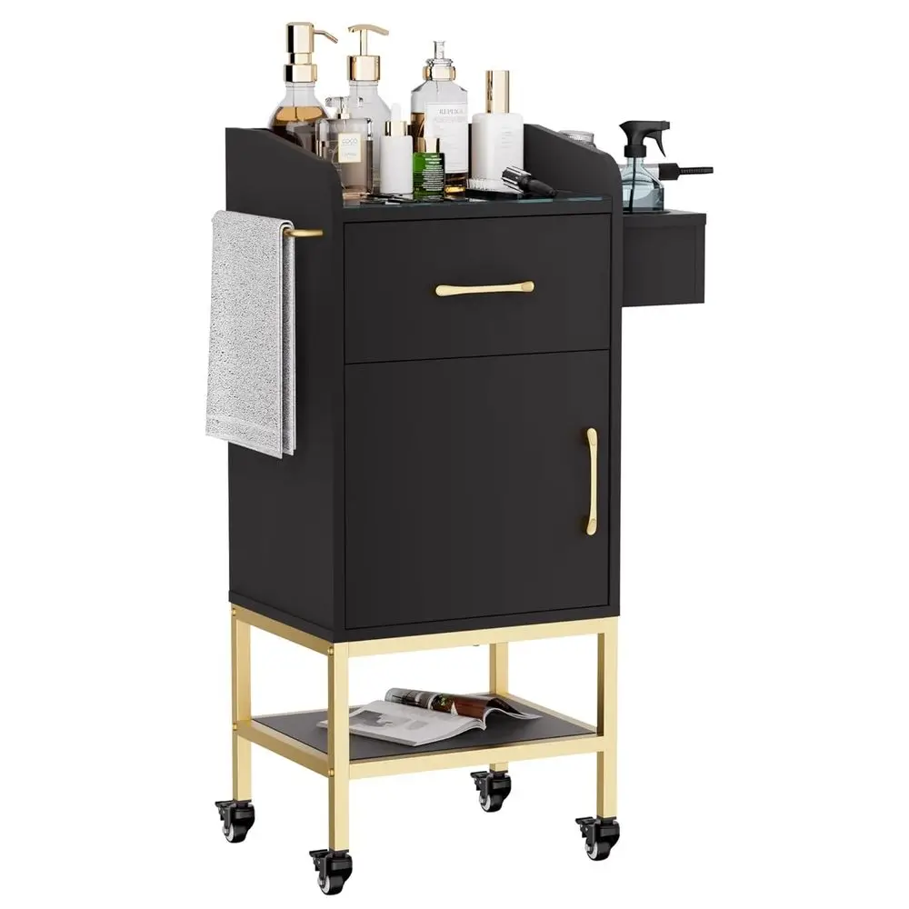 

Black Rolling Hair Stylist Station with Glass Top, Lockable Wheels, Drawers, and Cabinet for Beauty Storage