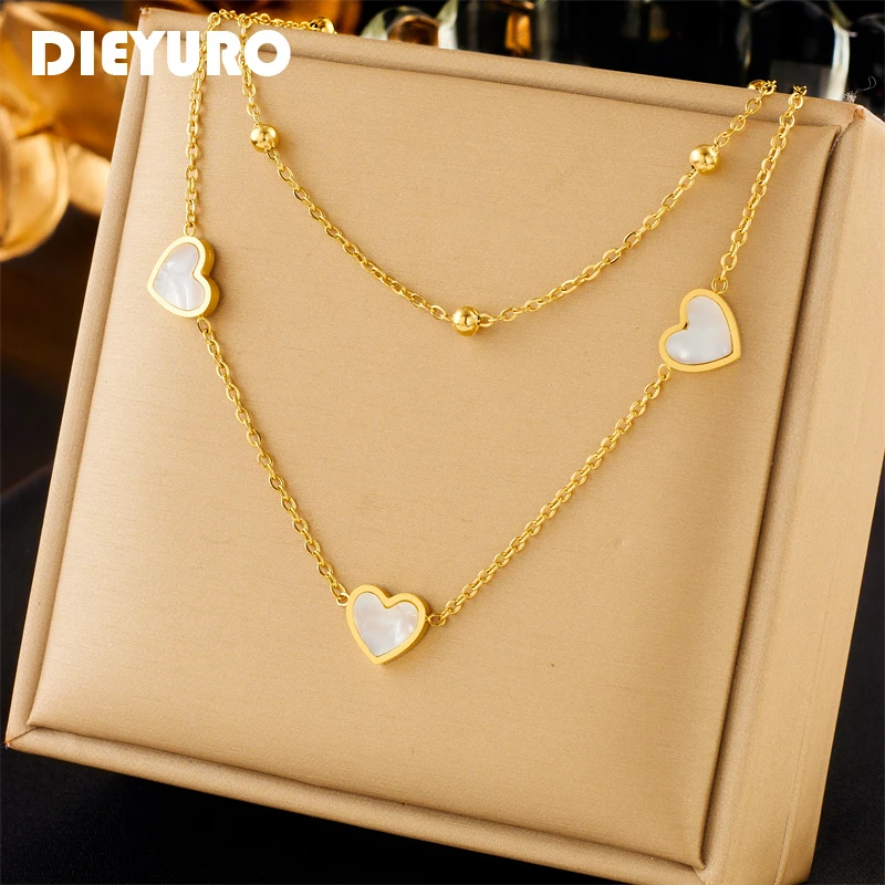 DIEYURO 316L Stainless Steel Star Heart Pendant Necklace For Women Girl New Trendy 2in1 Chains Choker Jewelry Gift Party collier