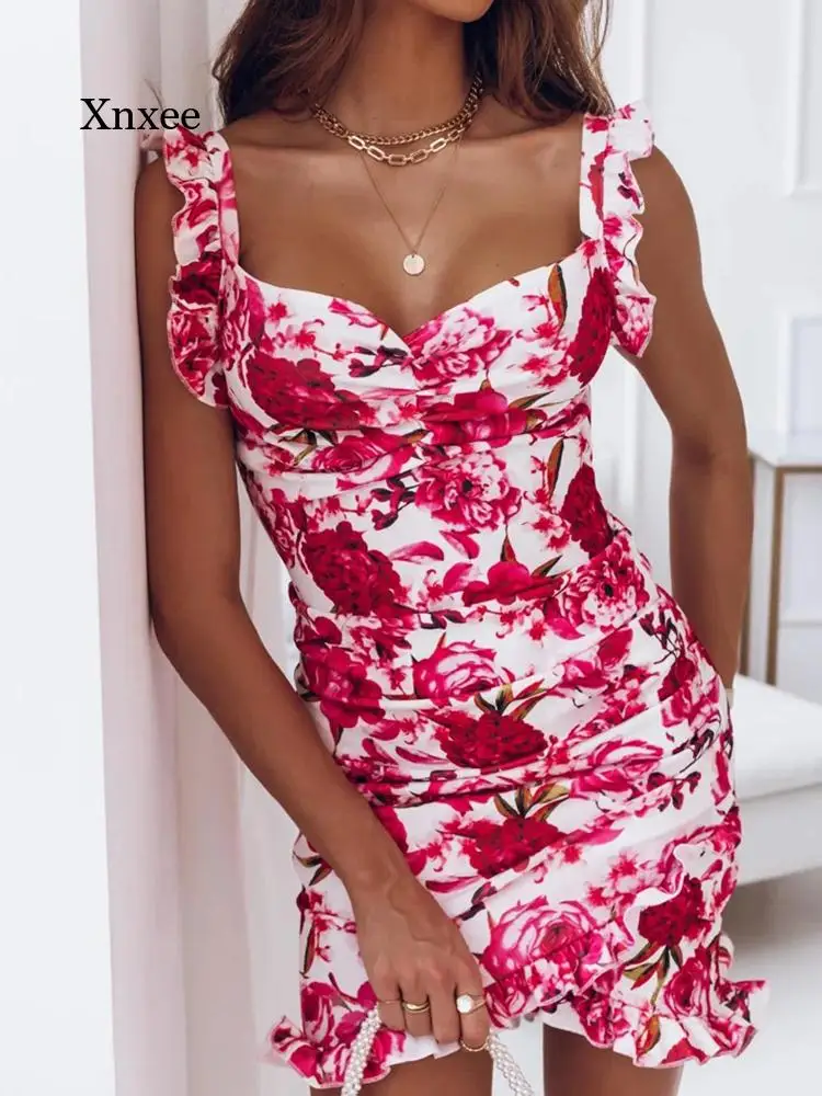 

Sexy V Neck Sleeveless Backless 2022 Summer Women Print Mini Dress Casual Female Ruffles Dress Slim Party Dress