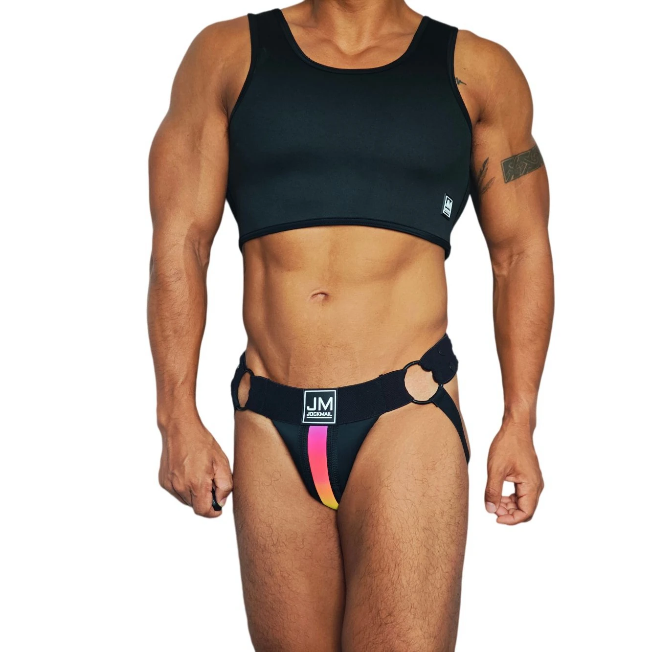 JOCKMAIL Men Crop Tank Top Jockstrap Two Piece Lingerie Sets Neoprene Bodysuit Sexy Adjust Fetish Elastic Garter Body Harness