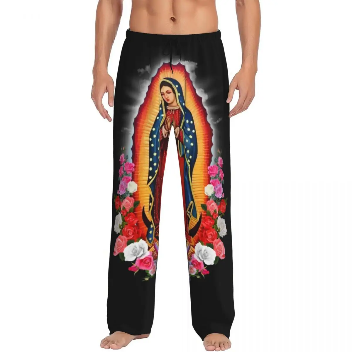 Custom Printed Virgin Mary Of Guadalupe Pajama Pants for Men Mexico Catholic Saint Sleep Sleepwear Bottoms with Pockets