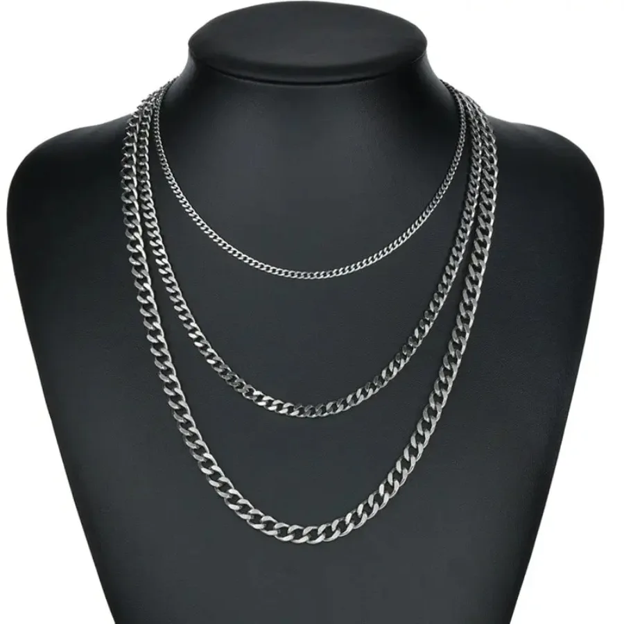 3pcs Necklace Set For Both Men And Women Hip Hop Style Stainless Steel Six Sided Grinding Cuban Chain Minimalist Jewelry