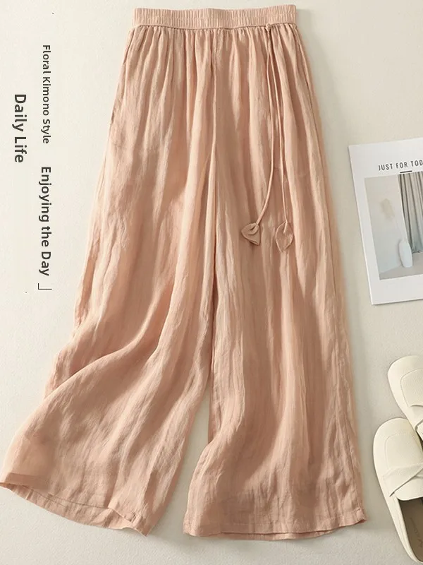 Pantalones de pierna ancha de doble capa falda mujer verano 2025 artístico Retro suelto drapeado ligero corte recto pantalones casuales de lino