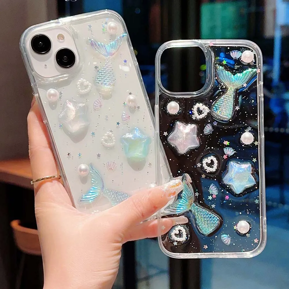 3D Epoxy Star Mermaid Fish Tail Case For iPhone 15 14 13 12 11 Pro Max Plus Mini SE Clear Soft TPU Cover Skin