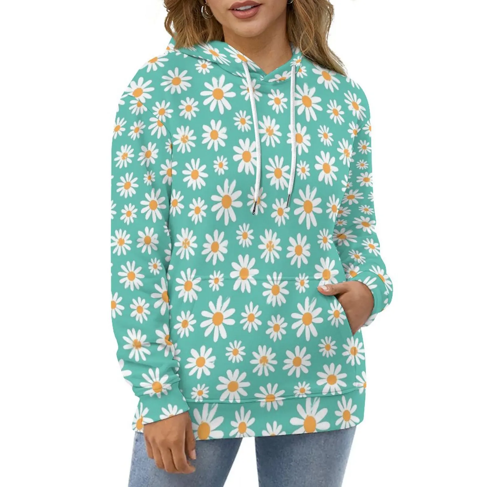 White Retro Flower Hoodies Daisies Floral Street Fashion Oversized Pullover Hoodie Unisex Long Sleeve Casual Hooded Sweatshirts