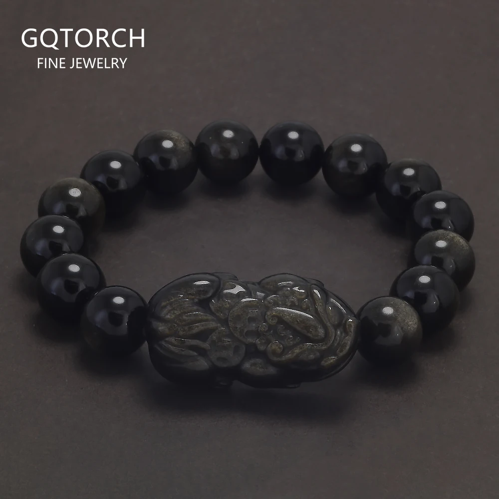 

Браслет из натурального золота с обсидиановым бисером и Pixiu фэн-шуй, гусеница, удача, богатство, амулет, модные винтажные украшения для мужчин и женщин