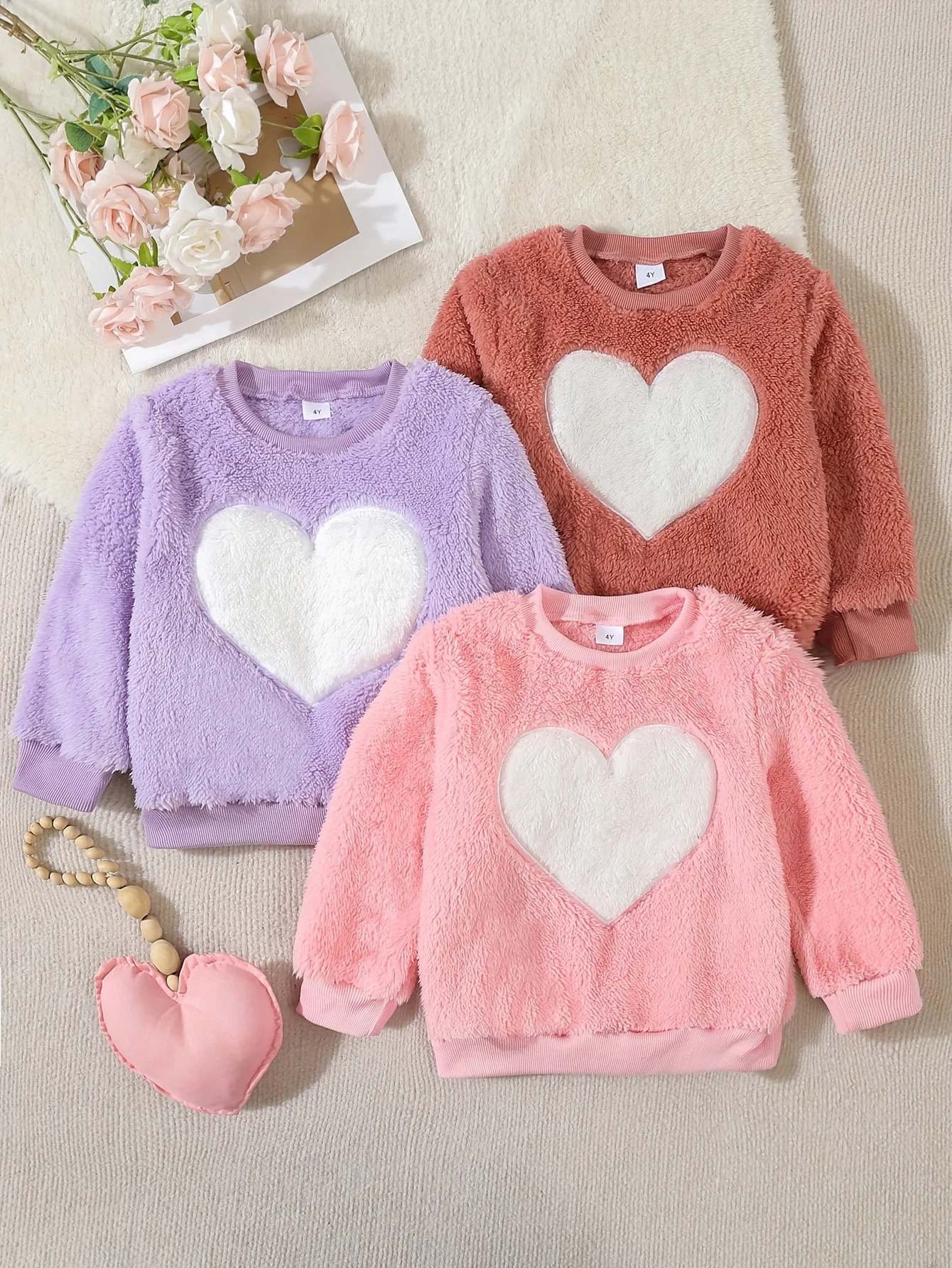 New Autumn And Winter Warm Plush Hoodie 3 Pieces Of Cute Thick Loose Comfortable Love Embroidered Round Neck Bottom Shirt