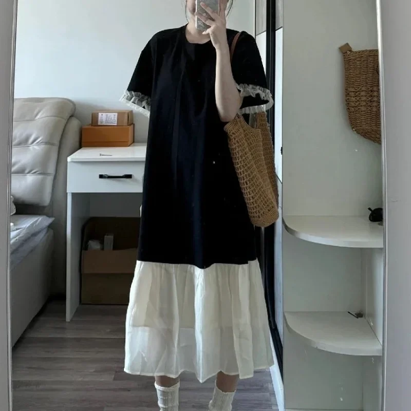 الصيف رقيقة سوداء قصيرة الأكمام تي شيرت اللباس لصق تنورة طويلة للنساء طبطب جولة الرقبة الكاحل طول ثوب مسائي #4