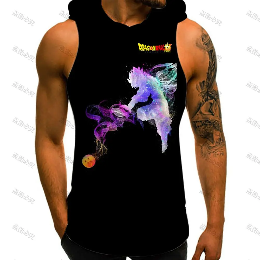 Hooded T-shirt Y2k Clothes Dragon Ball Z Bodybuilding High Street Sleeveless Shirt Man Gym Summer Anime Streetwear Super Saiyan