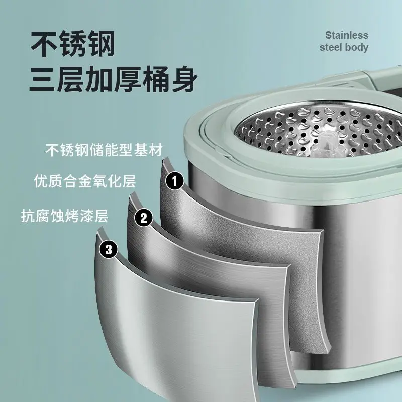 دلو ممسحة دوارة من الفولاذ المقاوم للصدأ السميك، تنظيف منزلي بدون استخدام اليدين، قطعة أثرية لتنظيف الأرضيات الرطبة والجافة