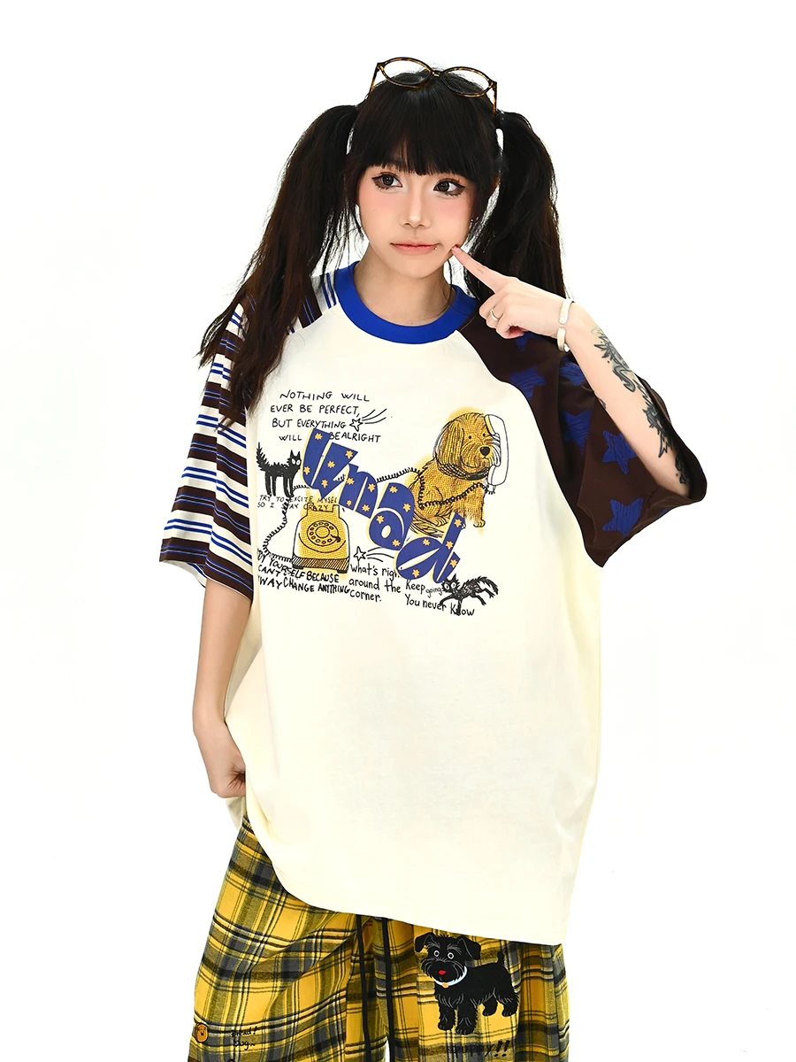 

Summer New Loose Striped oulder Sve T-irt Women's Faionable Street Sle Korean College Wind ort Sve Top