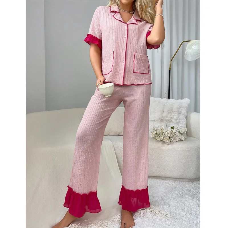 

Pink Ruffle Long Sleeve Pijamas Suit Sleepwear Spring Aummer New Female Nightwear Pajamas Set Sweettrouser Suit Home Clothes