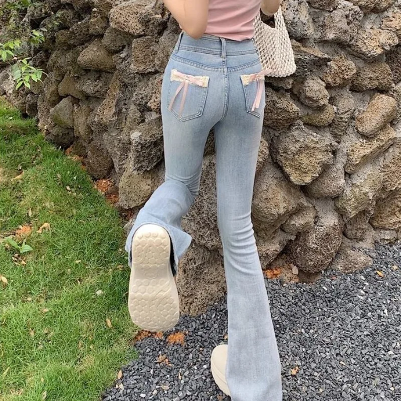 Women\'s Bell Bottom Jeans High Waist Shot Blue Cowboy Flare Pants for Woman Bow Original Harajuku Fashion Cheap Flared Trousers