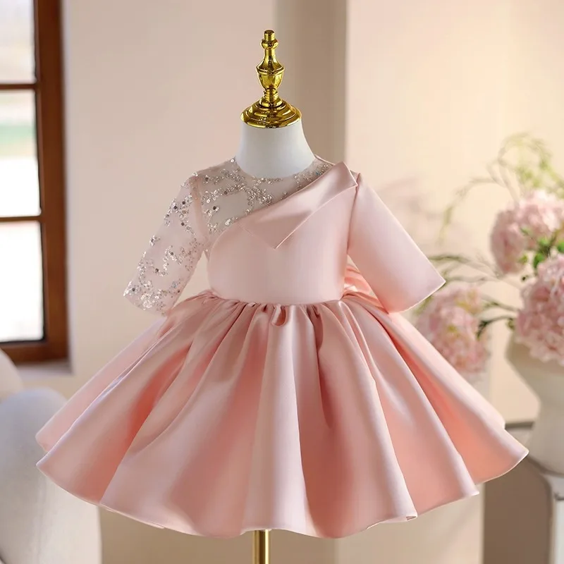 

Princess Satin Bow Sequined Lace Flower Girl Dresses First Communion Dresses Birthday Christmas Gift Wedding Party Birthday