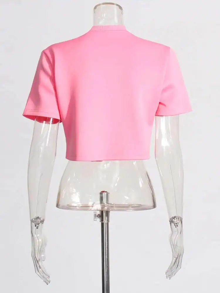 الوردي الصلبة مزاجه تقسم الماس المحاصيل الأعلى للنساء الجولة الرقبة قصيرة الأكمام المرقعة اللؤلؤ شيك تي شيرت الإناث P1LA #4